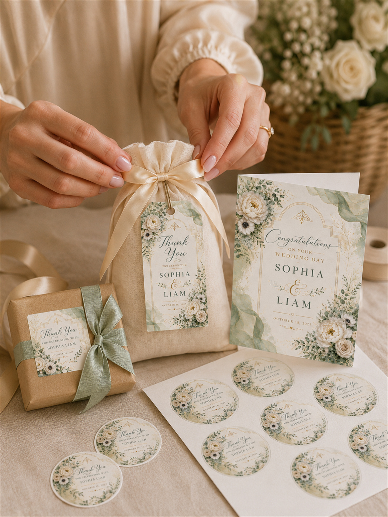 Sage green and ivory plant wedding decorations - Romantic and elegant wedding - Custom name and date